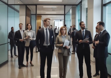 A modern, dimly lit interior with a sleek design dominated by large, criss-crossing ceiling lights. The reception area features a desk with red flowers and several people behind it. Large windows on the side let in some natural light, and the atmosphere is professional.