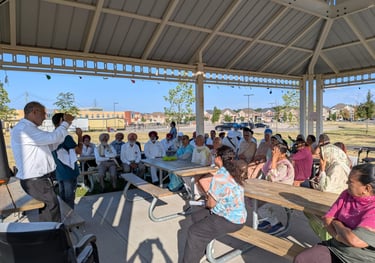 Seniors attending a digital literacy workshop, learning how to use smartphones and online tools.