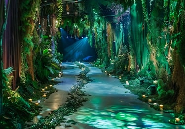 a forestry pathway design with a path way through a tunnel with lights