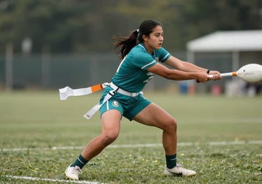 Action shot of a female player pulling a flag, intense focus, North American / Mexican athlete, teal uniform, outdoor field.