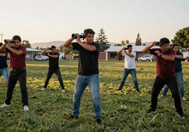 Photography of a group of new players learning techniques on a grassy field in Guanajuato, soft morning light, North American / Mexican community vibe.