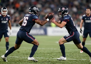Action shot of an interception during a first division game, dark navy jerseys, sharp focus, North American / Mexican sports context.