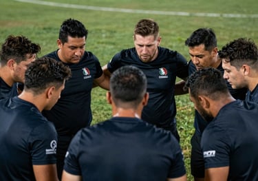 Photography of a tactical huddle during a game, players in dark navy jerseys, focused atmosphere, North American / Mexican region.