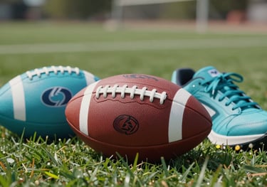 Close-up of flag football equipment, flags and a football on green grass, light blue and teal colors visible, North American / Mexican park.
