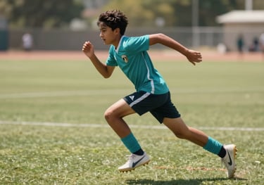 Dynamic photography of a youth player sprinting down the field, North American / Mexican setting, bright daylight, teal and light blue accents in the gear.