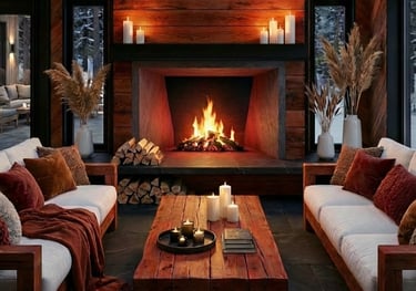 Rustic modern living room featuring a cozy fireplace, wood paneled walls, and white sofas with warm blankets.