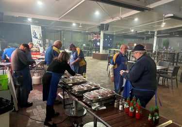 Rotarians and Legacy volunteers hard at work at Walsh's Hotel at 5:30am getting breakfast ready!