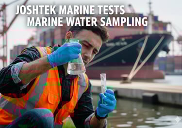 Technician in an orange safety vest and blue gloves testing a marine water sample from a flask and a