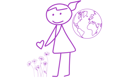 Female stick figure leaning to a heart symbol and bed of grass, with the world behind her.