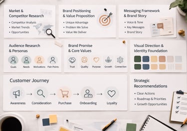 Brand strategy showing key components including market research, audience personas, brand positioning, messaging