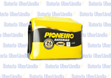 Bateria Pioneiro amarela com garantia de 24 meses, sobre fundo com o texto "Bateria Uberlândia".