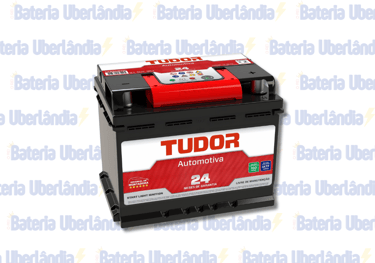 Bateria Tudor vermelha e branca com garantia de 24 meses, sobre fundo "Bateria Uberlândia".
