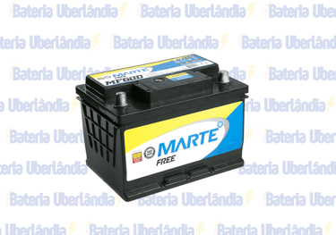 Bateria Marte amarela, branca e azul, sobre fundo com o texto "Bateria Ub