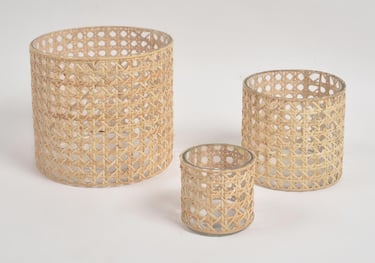 a set of three wickers with a basket weave cane and jute glass candle holder