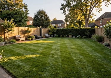 A beautifully landscaped London garden with a professional gardener finishing a stone path, lush greenery, warm afternoon sun, high quality.