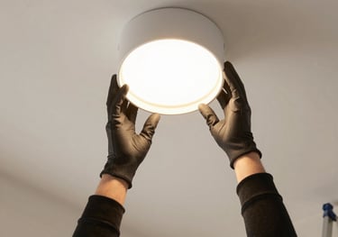 An electrician in a professional work polo shirt installing a smart home lighting system in a sleek London flat, gold and slate grey tones, British / Londoner.