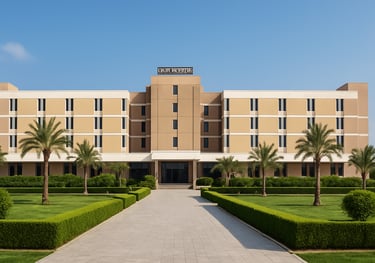 a large building with a long walkway and a walkway leading to a building | Nour Nagy Designs