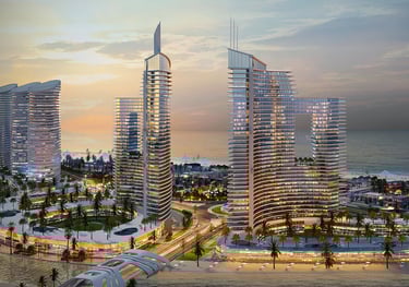 a cityscape of a beach with a view of the ocean | Nour Nagy Designs