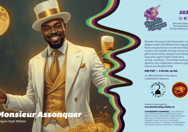 Monsieur Assonquer beer label featuring a man in a white tuxedo and top hat holding a glass of beer 
