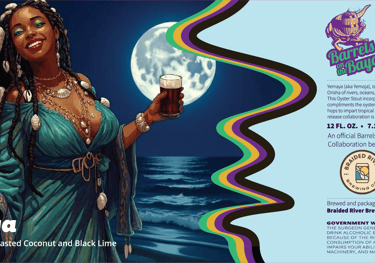 Yemaya Oyster Stout label featuring a goddess with braids holding a beer against a full moon and ocean background.