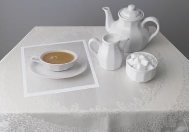 white teapot milk jug and sugar bowl on a white embroidered tablecloth with a photo of a cup of tea