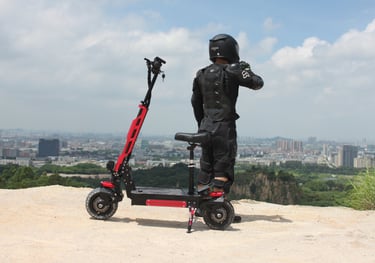 a man in a helmet and a helmet on a scooter
