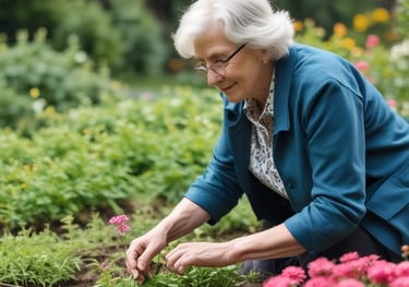 A person in a power wheelchair is smiling while opening a drawer in a kitchen. The kitchen features cabinets, a microwave, and a refrigerator. The person is wearing glasses and a pink patterned blouse with dark pants.