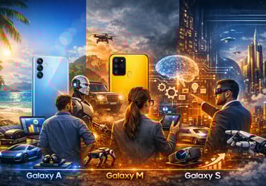 Smartphones das séries Samsung Galaxy A, M e S integrados em cenários futuristas de inteligência