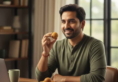 Working professional enjoying homemade laddus at home, showcasing a healthy snack option during work hours.
