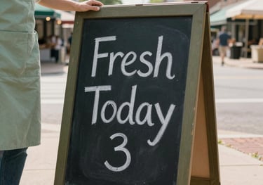 Photography of a person in a market apron setting up a chalkboard sign that reads 'Fresh Today'. The lighting is crisp morning light in an urban town square in Ohio, featuring sage green and dark olive tones.