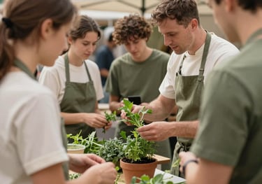 Photography of a group of people participating in an outdoor cooking demonstration at a farmers market. A chef is showing how to use fresh herbs. The atmosphere is educational and friendly, with earthy olive green and light cream tones.