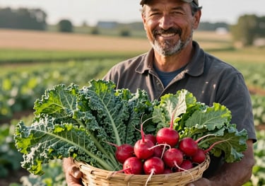 A vibrant photograph of a local Ohio farmer smiling while holding a large basket of freshly harvested green kale and bright red radishes. The background shows a soft-focus view of a sunlit farm field in the Midwestern countryside.