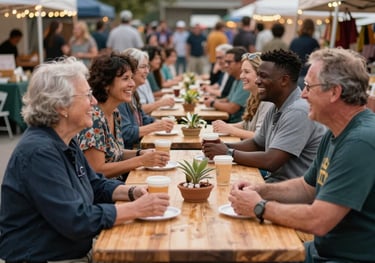 A photography shot of a group of diverse neighbors laughing and talking at a long wooden communal table during a market event. In the background, there are string lights and market stalls. The style is warm, authentic, and Midwestern.