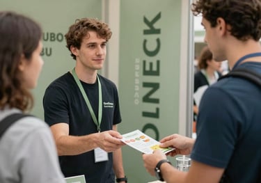 A photography shot of an information booth at a market, decorated with sage green banners. A volunteer is handing a pamphlet about nutrition to a visitor. The lighting is bright and inviting, reflecting a modern community spirit.