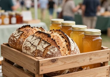 Photography of a rustic wooden crate filled with artisanal sourdough bread and jars of golden local honey. The setting is a bright, outdoors Midwestern market stall with soft-focus background of shoppers, using a warm cream and sage green color palette.