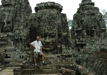 Nick Billington at the Temple of Bayon Angkor, Siem Reap, Cambodia