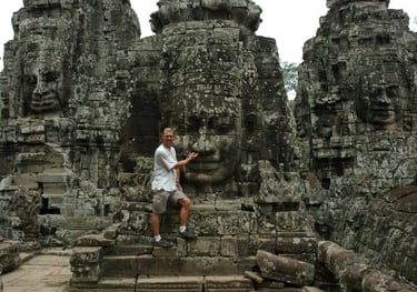 Nick Billington at the Temple of Bayon Angkor, Siem Reap, Cambodia