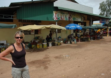 Tracey Billington at a comfort stop to Siem Reap from Phenom Penh, Cambodia