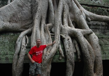 Nick Billington at Ta Prohm, the Tomb Raider Temple, Angkor Wat, Siem Reap, Cambodia