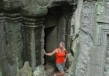 Tracey Billington at Ta Prohm, the Tomb Raider Temple, Angkor Wat, Siem Reap, Cambodia