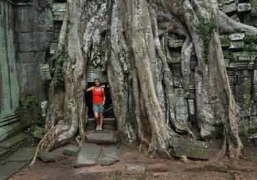 Tracey Billington at Ta Prohm, the Tomb Raider Temple, Angkor Wat, Siem Reap, Cambodia
