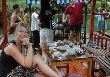 Tracey Billington on a Tea Raft at the Yulonghe scenic area, near Yangshuo, China