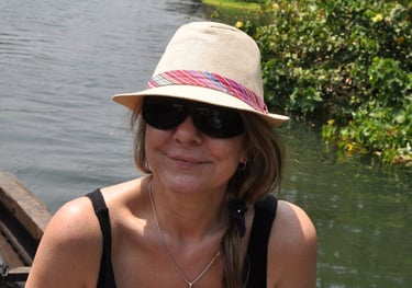 Tracey Billington n a boat in Kochi, Kerala, India