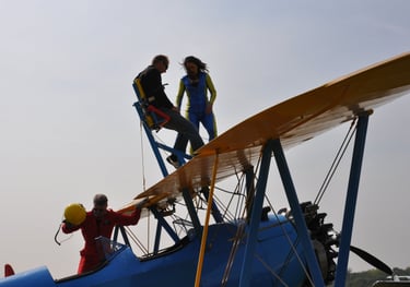 vintage Boeing Stearman biplane used for wing walking, Damyns Hall Aerodrome, London, United Kingdom