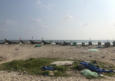 Fishing boats on the beach at Kochi, Kerala, India