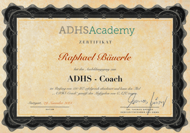 Zertifikat als zertifizierter ADHS-Coach – Nachweis über absolvierte Ausbildung