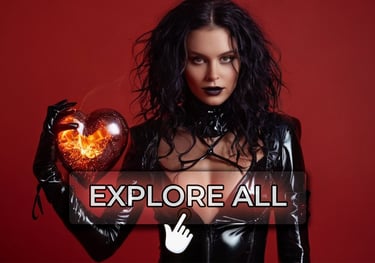 a woman in latex latex outfit holding a heart shaped object taking fire, love spell, witchcraft