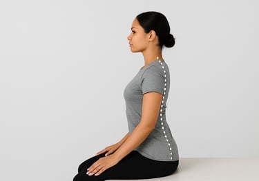 Lady sat upright with a simulated line to show Postural Alignment up her back