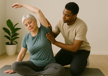 A woman being helped by a sports therapist to improve mobility