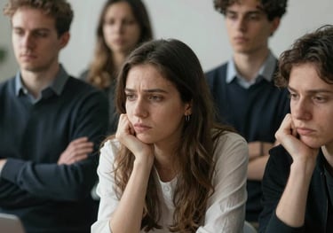 Bored college students looking tired and disinterested during a lecture in a classroom setting.